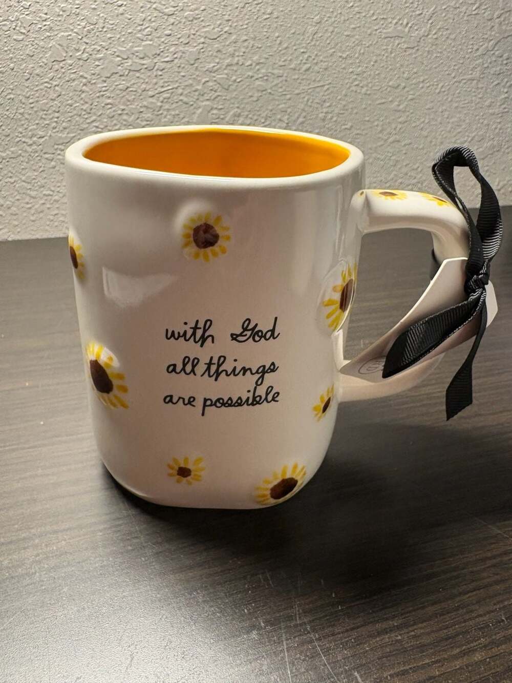 Rae Dunn Sunflower Mug with 'With God All Things Are Possible' Sentiment